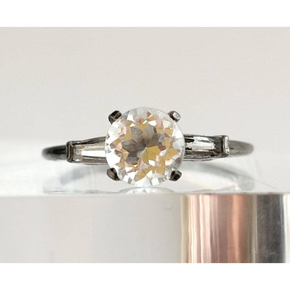 Cubic Zirconia Round & Baguette Cut 925 Sterling Silver Vintage Ring - sz 8